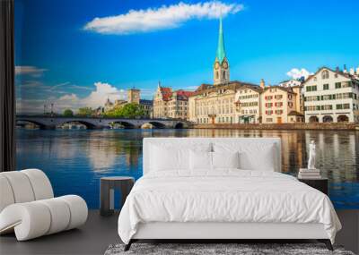 Historic Zürich city center with famous Fraumünster Church, Limmat river and Zürich lake, Zürich, Switzerland Wall mural