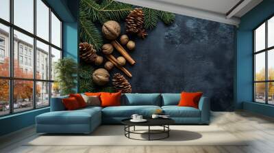 Christmas Pine Branches, Cinnamon, and Nuts Wall mural