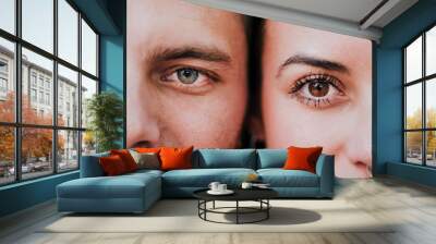 close up view of young happy couple together. Eyes close up. Love and family concept Wall mural