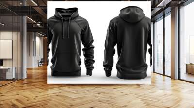 Collection of black front and back view tee hoodies isolated on white background for design mockup Wall mural