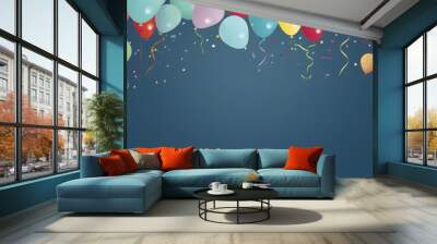 Colorful Balloons and Confetti on Blue Background Wall mural