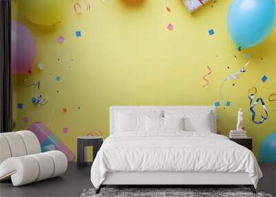 Colorful Birthday Party Background with Gifts, Balloons, and Streamers Wall mural