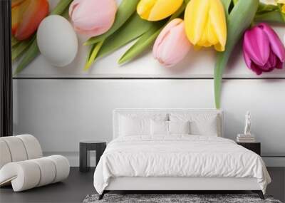 Colorful Easter Eggs & Tulips on White Wood Wall mural