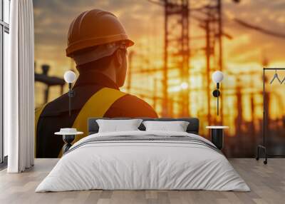 A man in a yellow vest and hard hat stands in front of a power plant Wall mural