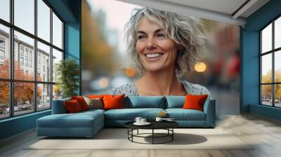 A woman with a short, curly gray hair is smiling and looking at the camera Wall mural