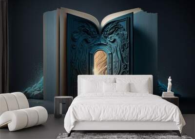 AI GENERATIVE, a giant open book in which there is a door that transports you to a world full of fantasy, . High quality photo Wall mural