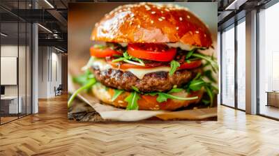 Close up home made beef burger on wooden table Wall mural