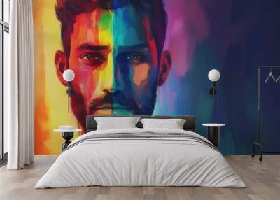 man with colored face painted skin,fashion art portrait, Multicolor creative make-up Wall mural