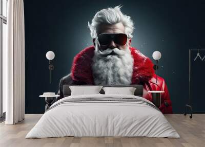 portrait of a modern santa claus with red sunglasses and red winter jacket on dark blue background Wall mural