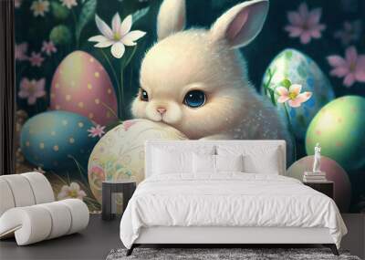 Cute tiny white cartoon Easter Bunny with Easter eggs in the meadow of flowers, painting style, Generative AI Wall mural