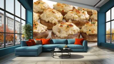 Delectable Stuffed Mushrooms with Melted Cheese and Fresh Herbs, Plated for Elegant Dining. Wall mural