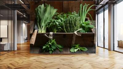 Fresh Herbs in Wooden Box with Cleaver Wall mural