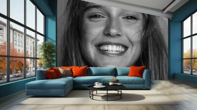 happy female model posing laughing black and white portrait. Beautiful laughing woman portrait. Pretty girl laughing portrait. Wall mural