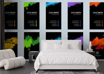 Bundle set of bright colorful business card template with vector watercolor paint splash on black background Wall mural