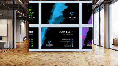 Bundle set of bright colorful business card template with vector watercolor paint splash on black background Wall mural