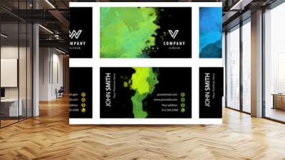 Bundle set of bright colorful business card template with vector watercolor paint splash on black background Wall mural