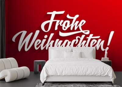 Frohe Weihnachten - Merry Christmas in German language red flat background card template calligraphy design Wall mural