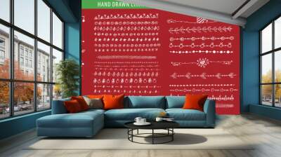 Hand drawn Christmas line, border, frame vector doodle design element set. Template for invitation or greeting card. Wall mural