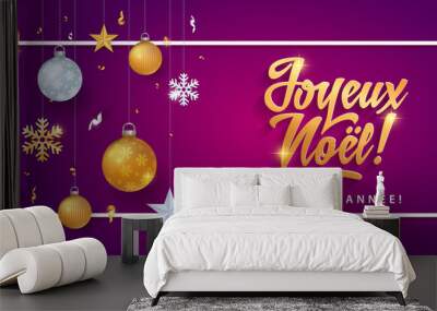 Joyeux Noel - Merry christmas in french language purple card template glitter gold elements, snowflakes, stars and calligraphy Wall mural