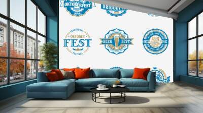 Oktoberfest vector blue logo beer labels set Wall mural