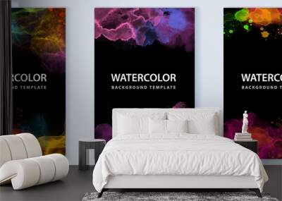 Set of vibrant vector colorful watercolor on black background for poster, brochure or flyer Wall mural