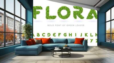 Simple bold green leaves textured natural font. Realistic garden letters set. Business logo design template bundle. Wall mural