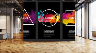 Watercolor black background over geometric frame vector design headline, logo and sale banner template set Wall mural