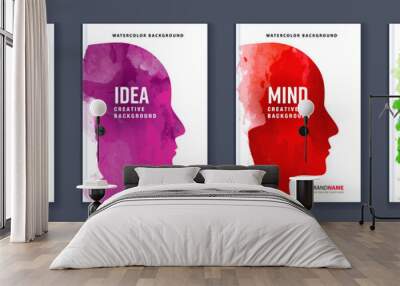 Watercolor booklet colourful cover bundle set with head profile silhouette, template for psychology book Wall mural