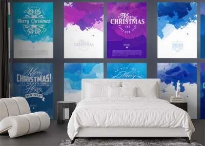 Watercolor Christmas and Happy New Year greeting card template set Wall mural