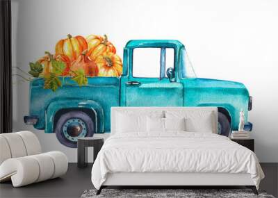 Watercolor set of vehicles. Blue pickup with pumpkin on a white background Wall mural