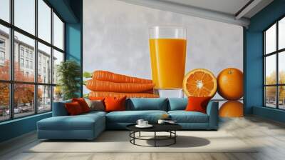 Minimalist Still Life with Orange Juice, Carrots, and Oranges Wall mural