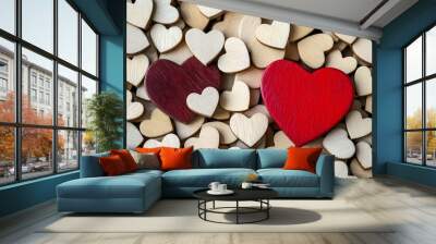 Red Heart Among Wooden Hearts for Valentine's Day Wall mural