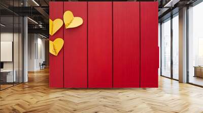 Red Wooden Background with Yellow Paper Hearts for Valentine's Day Wall mural