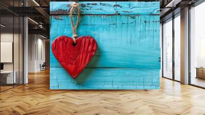 Red Wooden Heart Hanging on Blue Rustic Wood Wall mural