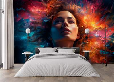 retrato abstracto de fantasía con una mujer en un estilo de doble exposición. Retrato con una colorida salpicadura de pintura digital o una nebulosa espacial. Wall mural