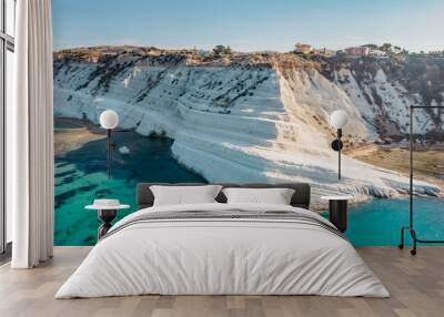 Scala dei Turchi,Sicily,Italy.Aerial view of white rocky cliffs,turquoise clear water.Sicilian seaside tourism,popular tourist attraction.Limestone rock formation on coast.Travel holiday scenery Wall mural