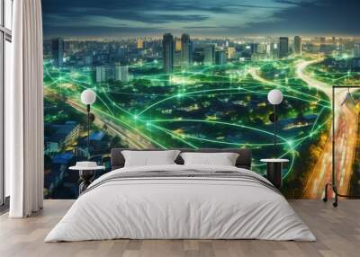 smart city infrastructure in green community with data network, digital society, and iot concept. Wall mural