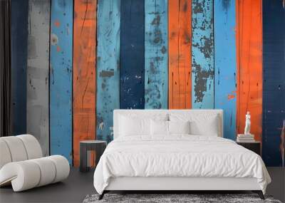 Striped Wooden Panel in Blue, Orange, and Gray Wall mural