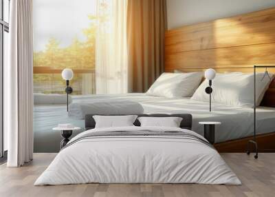 Sun-drenched Bedroom Empty White Bed, Wooden Headboard, and Green View, Minimalist Hotel Room. Wall mural