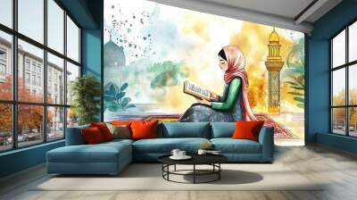 This watercolor illustration depicts a young Muslim girl, dressed in a hijab, reading the Quran on a prayer rug. The backdrop features a grand mosque with domes and minarets Wall mural