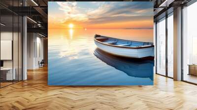 Tranquil sunset seascape with empty wooden rowboat floating on calm, serene water Wall mural