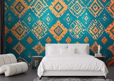 Turquoise & Orange Diamond Geometric Pattern Wall mural