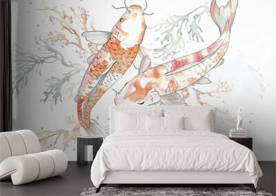 watercolor sketch depicts two graceful koi fish swimming in a tranquil, minimalistic scene. The fish are surrounded by soft aquatic plants Wall mural