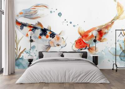 watercolor sketch depicts two graceful koi fish swimming in a tranquil, minimalistic scene. The fish are surrounded by soft aquatic plants Wall mural