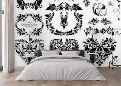 Floral design with heart shapes (black and white) Wall mural