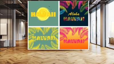 T-shirt prints with Hawaii lettering and palm leaves Wall mural