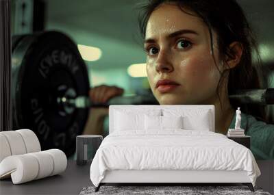 Focused young woman lifting weights during an intense workout at the gym Wall mural