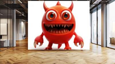 A cute monster with big eyes and horns. Little Devil Red Smile Character Image Cute Space Creatures Funny Kawaii Halloween Characters - Devil Goblin, Alien Creature Wall mural