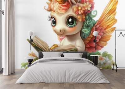 Cute unicorn with golden hooves and colorful hair, reading a book to the grass with flowers, cartoon style, transparent background, png. Wall mural