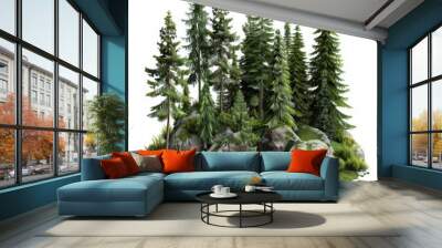 green fir trees, forest landscape with grass and stones, cartoon style, 3d illustration, on a white  Wall mural